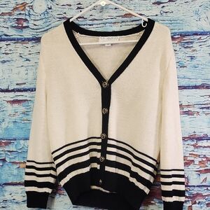 St. John Collection Black and Cream Striped Cardigan Size M